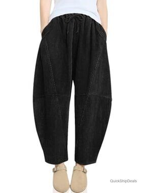 Women's Corduroy Baggy Harem Pants Elastic Waist Loose Fit Casual
